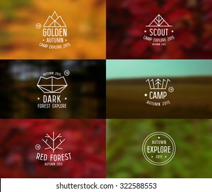 Trendy retro badges in thin line style and card with blurred backgrounds. Autumn colors