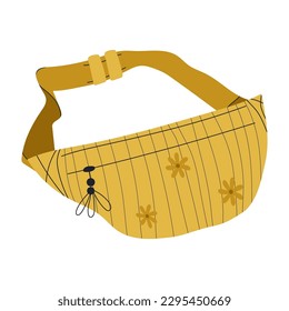 Trendy retro banana bag. Retro waist bag. Colorful banana shaped belt bag. Hand drawn trendy Vector illustration. Fancy retro fashion accessory. Vector stock illustration isolated on white background