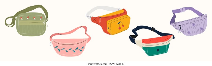 Trendy retro banana bag. Retro waist bag. Colorful banana shaped belt bag. Hand drawn trendy Vector illustration. Fancy retro fashion accessory. Vector stock illustration isolated on white background