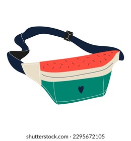 Trendy retro banana bag. Retro waist bag. Colorful banana shaped belt bag. Hand drawn trendy Vector illustration. Fancy retro fashion accessory. Vector stock illustration isolated on white background