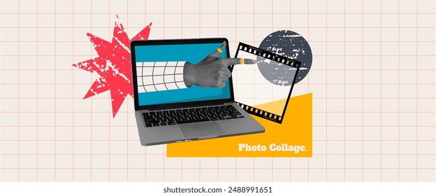 Trendy retro banner with halftone collage hand, computer, photo frame and abstract grunge shapes. Social media communication. Vintage vector background.