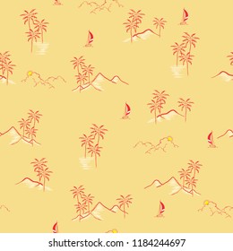 Trendy retro beach  Hand drawn summer island tropical seamless pattern vector regular repeat design for fashion,wallpaper,and all prints on vintage yellow background color