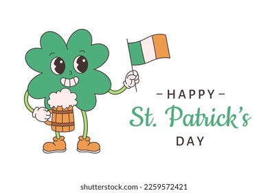 Trendy retro cartoon character clover with four leaf. Happy Saint Patrick's Day. Clover with Ireland flag and beer. Groovy style, vintage, 70s 60s aesthetics. Vector illustration