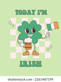 Trendy retro cartoon character clover with four leaf. Happy Saint Patrick's Day. Clover with Ireland flag and beer. Groovy style, vintage, 70s 60s aesthetics. Vector illustration