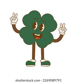 Trendy retro cartoon character clover with four leaf. Happy Saint Patrick's Day. Groovy style, vintage, 70s 60s aesthetics. Vector illustration