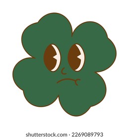 Trendy retro cartoon character clover with four leaf. Happy Saint Patrick's Day. Groovy style, vintage, 70s 60s aesthetics. Vector illustration