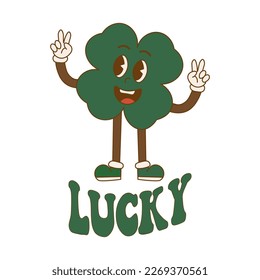 Trendy retro cartoon character clover with four leaf. Happy Saint Patrick's Day. Groovy style, vintage, 70s 60s aesthetics. Vector illustration