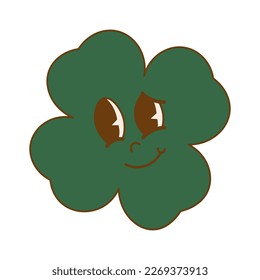 Trendy retro cartoon character clover with four leaf. Happy Saint Patrick's Day. Groovy style, vintage, 70s 60s aesthetics. Vector illustration