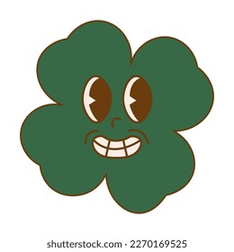 Trendy retro cartoon character clover with four leaf. Happy Saint Patrick's Day. Groovy style, vintage, 70s 60s aesthetics. Vector illustration