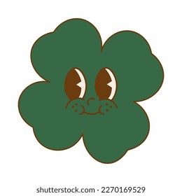 Trendy retro cartoon character clover with four leaf. Happy Saint Patrick's Day. Groovy style, vintage, 70s 60s aesthetics. Vector illustration