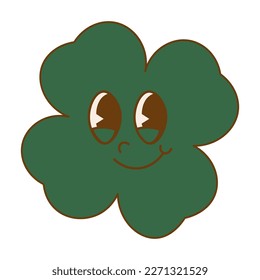 Trendy retro cartoon character clover with four leaf. Happy Saint Patrick's Day. Groovy style, vintage, 70s 60s aesthetics. Vector illustration
