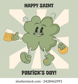 Trébol de personaje de dibujos animados retro de moda con cuatro hojas que sostiene la moneda y la cerveza. Feliz Día de San Patricio. Para tarjeta de felicitación, pegatina, invitación de fiesta. Estilo Groovy, vintage, 70s 60s.Ilustración vectorial EPS10