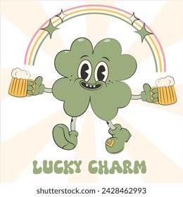 Trendy retro cartoon character clover with four leaf holding a beers with rainbow.Happy Saint Patrick's Day.For greeting card,sticker,party invitation. Groovy style,vintage,70s 60s.Vector illustration