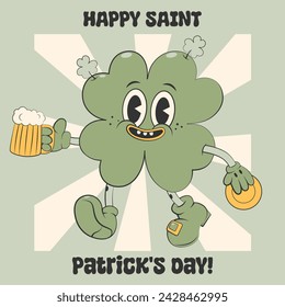 Trendy retro cartoon character clover with four leaf holding coin and beer.Happy Saint Patrick's Day.For greeting card,sticker,party invitation. Groovy style, vintage,70s 60s.Vector illustration EPS10