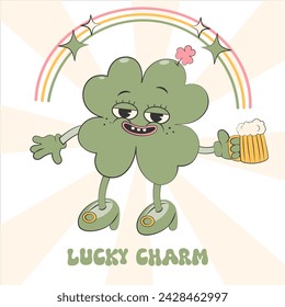 Trendy retro cartoon character clover girl with four leaf holding a beer with rainbow.Happy St Patrick's Day.For greeting card,sticker,party invitation.Groovy style,vintage,70s 60s.Vector illustration