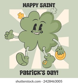 Trébol de personaje de dibujos animados retro de moda con cuatro hojas que sostienen moneda de oro. Feliz Día de San Patricio. Para tarjeta de felicitación, pegatina, invitación de fiesta. Estilo Groovy, vintage, 70s 60s.Ilustración vectorial EPS10