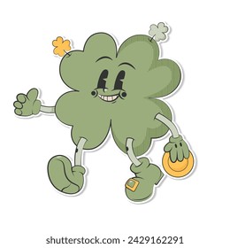 Trendy retro cartoon character clover with four leaf holding coin.Happy Saint Patrick's Day sticker. Groovy style, vintage,70s 60s.Vector illustration EPS10