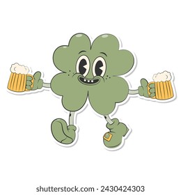 Trendy retro cartoon character clover with four leaf holding a beers sticker.Happy Saint Patrick's Day.Groovy style,vintage,70s 60s.Vector illustration EPS 10