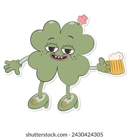 Trendy retro cartoon character clover girl with four leaf holding a beer sticker.Happy St Patrick's Day.Groovy style,vintage,70s 60s.Vector illustration EPS 10