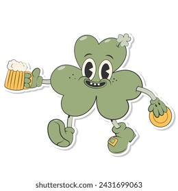 Trendy retro cartoon character clover with three leaf holding coin and beer.Happy Saint Patrick's Day sticker. Groovy style, vintage,70s 60s.Vector illustration EPS10