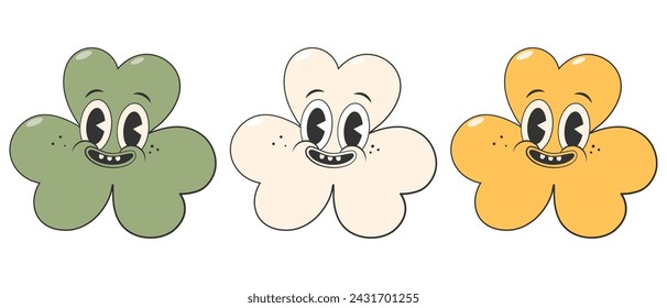 Trendy retro cartoon character clovers with three leaf in Irish flag colors.Green, white and orange clovers.Happy Saint Patrick's Day.Groovy style,vintage,70s 60s.Vector illustration EPS 10