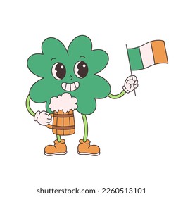Trendy retro cartoon character four leaf clover. Happy Saint Patricks Day. Clover with Ireland flag and beer. Groovy style, vintage, 70s 60s aesthetics. Vector illustration