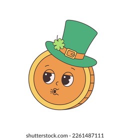 Trendy retro cartoon character gold coin in cylinder hat. Happy Saint Patricks Day. Groovy style, vintage, 70s 60s aesthetics. Vector illustration