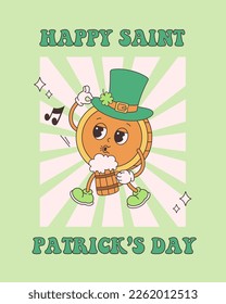 Trendy retro cartoon character Gold Coin with beer and hat. Happy Saint Patricks Day greeting card. Groovy style, vintage, 70s 60s aesthetics. Vector illustration