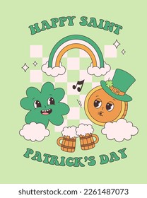 Trendy retro cartoon characters Clover with four leaf and Gold Coin. Happy Saint Patricks Day greeting card. Groovy style, vintage, 70s 60s aesthetics. Vector illustration