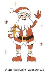   Trendy retro cartoon characters. Groovy hippie Christmas Santa Claus.Merry Christmas and Happy New year. Vector characters 