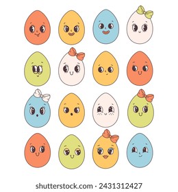 Trendy retro cartoon Easter egg characters. Groovy style, vintage. Happy Easter. Vector illustration