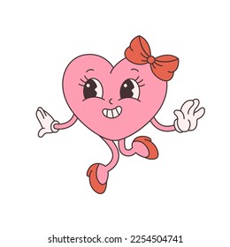 Trendy retro cartoon heart character. Groovy style, vintage, 70s 60s aesthetics. Valentines day. Vector illustration