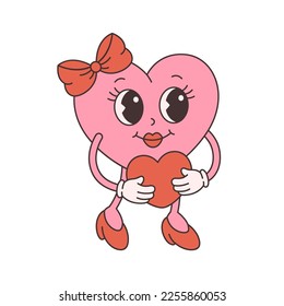 Trendy retro cartoon heart character. Groovy style, vintage, 70s 60s aesthetics. Valentines day. Vector illustration