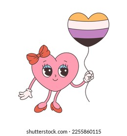 Trendy retro cartoon heart character. Groovy style, vintage, 70s 60s aesthetics. Valentines day, non binary flag. Vector illustration