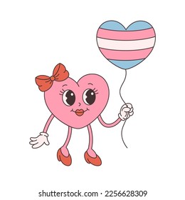 Trendy retro cartoon heart character. Groovy style, vintage, 70s 60s aesthetics. Valentines day, LGBTQ, transgender symbol. Vector illustration