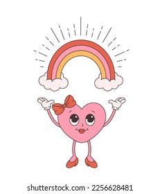 Trendy retro cartoon heart character with rainbow. Groovy style, vintage, 70s 60s aesthetics. Valentines day. Vector illustration
