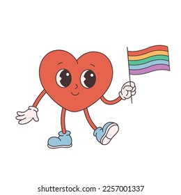 Trendy retro cartoon heart character. Groovy style, vintage, 70s 60s aesthetics. Valentines day, LGBTQ flag. Vector illustration