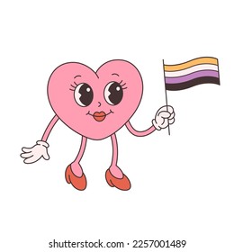 Trendy retro cartoon heart character. Groovy style, vintage, 70s 60s aesthetics. Valentines day, non-binary flag. Vector illustration