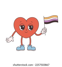 Trendy retro cartoon heart character. Groovy style, vintage, 70s 60s aesthetics. Valentines day, non-binary flag. Vector illustration