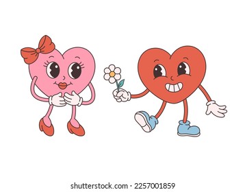 Trendy retro cartoon heart characters. Groovy style, vintage, 70s 60s aesthetics. Valentines day, falling in love. Vector illustration