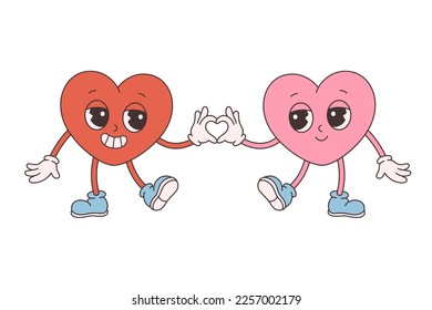 Trendy retro cartoon heart characters. Groovy style, vintage, 70s 60s aesthetics. Happy Valentines day, gay couple. Vector illustration