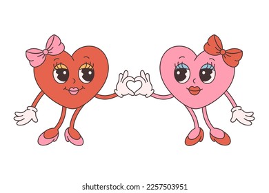 Trendy retro cartoon heart characters. Groovy style, vintage, 70s 60s aesthetics. Happy Valentines day, lesbian couple. Vector illustration