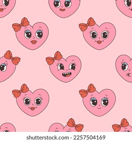 Trendy retro cartoon heart characters seamless pattern. Groovy style, vintage, 70s 60s aesthetics. Valentines day. Vector illustration