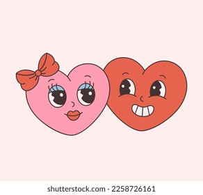 Trendy retro cartoon heart characters, love couple. Groovy style, vintage, 70s 60s aesthetics. Valentines day. Vector illustration in flat style