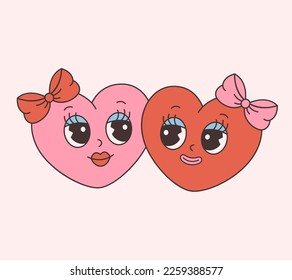 Trendy retro cartoon heart characters. Groovy style, vintage, 70s 60s aesthetics. Happy Valentines day, lesbian couple. Vector illustration