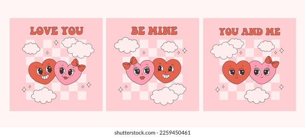 Trendy retro cartoon heart characters, love couple. Groovy style, vintage, 70s 60s aesthetics. Valentines day greeting card. Vector illustration in flat style