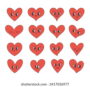 Trendy retro cartoon heart characters. Groovy style, vintage. Valentines day. Vector illustration