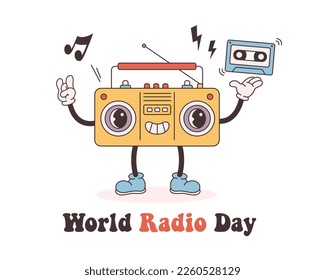 Trendy retro cartoon Radio character. Cassette player. World Radio Day. Groovy style, vintage, 80s, 90s aesthetics. Vector illustration