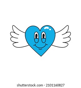 Trendy retro cartoon stickers blue heart with wings. Сomic characters.