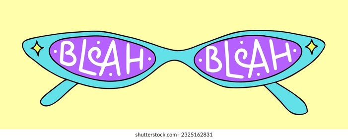 Trendy Retro Cartoon Sonnenbrille. Girly 1990er-Jahre-Kunstwerke. Buchstabiermotto von Blah Blah. Helle Farben. Trendaufkleber für Grafiktee, Streetwear, Poster.